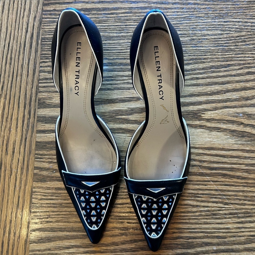 Ellen Tracy Esther Pointed Toe d’Orsay Heel Black Leather Vintage Pattern Sz 6.5